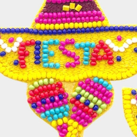 Fiesta Sombrero Yellow Seed Beaded Earrings - Picture 3 of 6